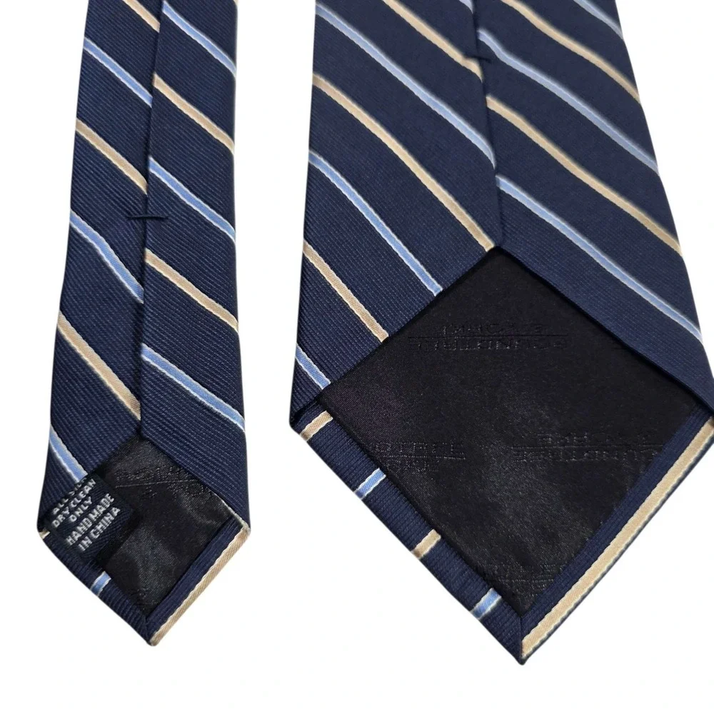 ROUNDTREE & YORKE Striped REPP Silk Handmade Necktie Blue Navy Cream‎ Classic